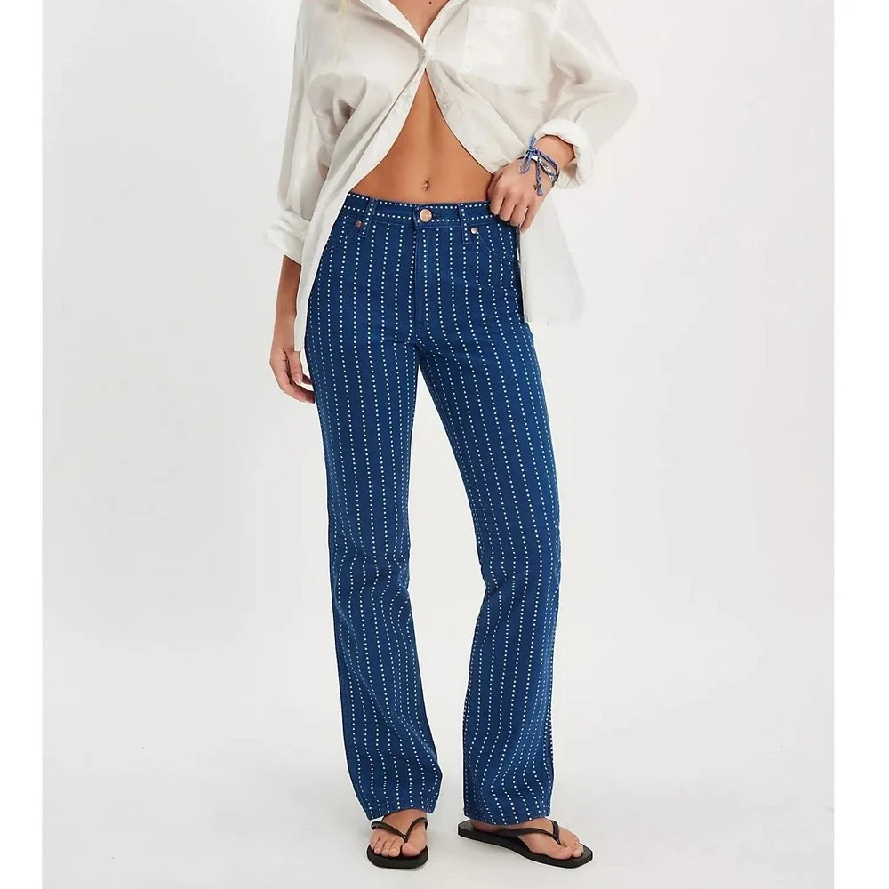 NWT Wrangler Wrancher Pin Star Boot Jeans Blue White Striped Size 26x31